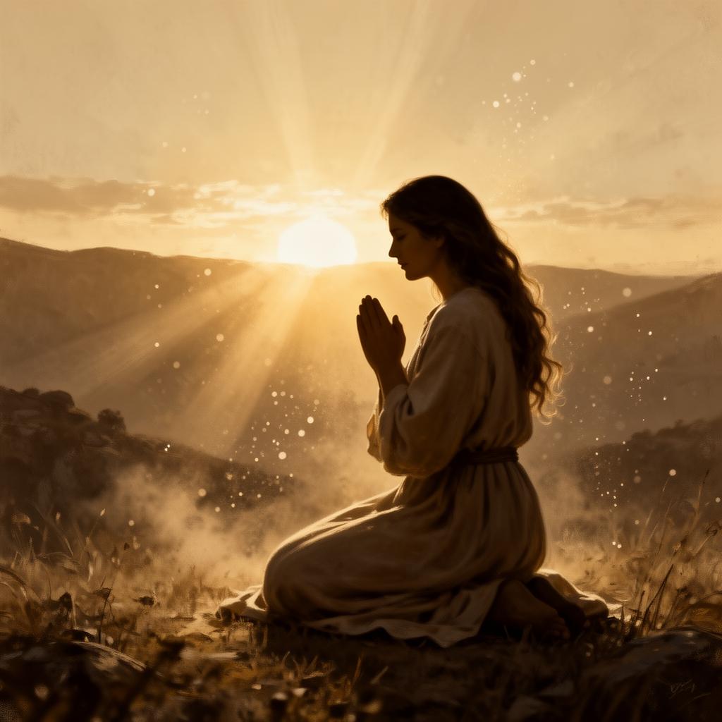 Mulher orando ao nascer do sol — símbolo de redenção